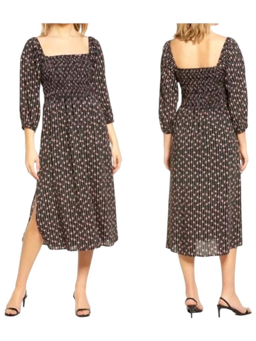 Wayf Dress Womens Small Black Pink Floral Print Square Neck Smocked Nevaeh Midi